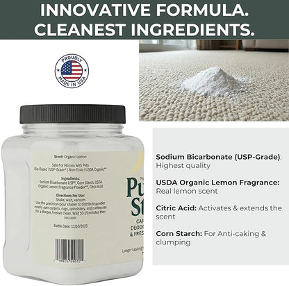 Carpet Deodorizer Powder with Organic Lemon Scent - Pet Safe 32oz Carpet Freshener, & Pet Odor Eliminator For Rugs, Upholstery, Mattresses - Non-Clumping Formula with Easy Pour Shaker Lid - USA Made