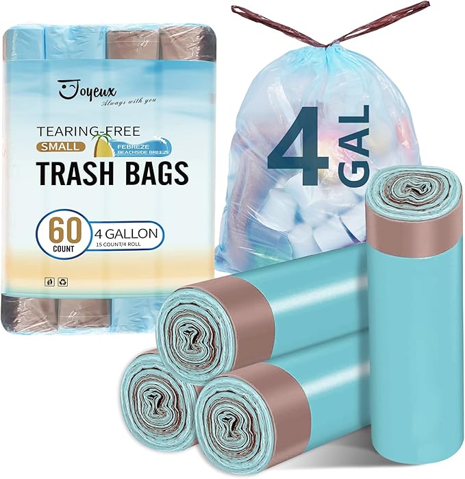 JOYEUX 4 Gallon Small Trash Bags, No-Tearing Drawstring Garbage Bags for Bathroom Kitchen, Beachside Breeze Scent, 60 Count