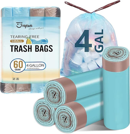JOYEUX 4 Gallon Small Trash Bags, No-Tearing Drawstring Garbage Bags for Bathroom Kitchen, Beachside Breeze Scent, 60 Count