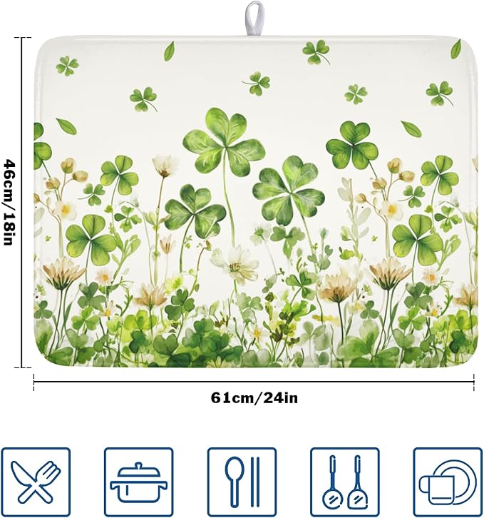 St Patrick's Day Dish Drying Mat 18 x 24 Inch Green Clover Dish Drainer Rack Mat Absorbent Microfiber Mats for Shamrock Dish Pad Spring Lucky Dish Pad for Kitchen Bar Decor