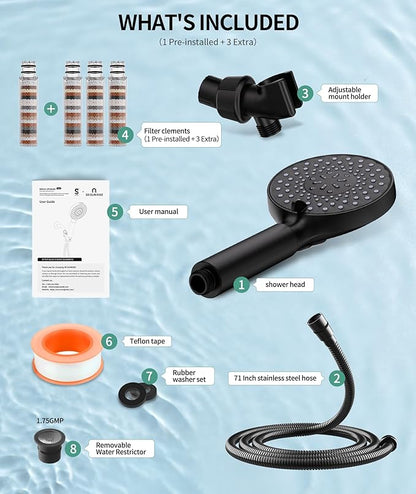 SR SUN RISE Filtered Shower Head with Handheld High Pressure 9 Spray Mode Showerhead Detachable Shower Head Water Softener Filters Beads for Hard Water Remove Chlorine 4 Filters Matte Black