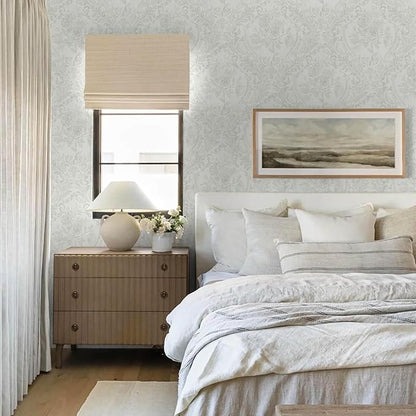 Ismoon Peel and Stick Wallpaper Vintage Floral Contact Paper Boho White and Grey Watercolor Damask Wallpaper Textured Removable Self Adhesive Vinyl Wall Paper for Bedroom, 17.3 in X 6.5 ft