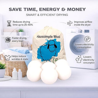 Wool Dryer Balls 6-Pack 100% Natural New Zealand Wool, Handmade in Nepal Reusable Laundry Balls, Faster Drying, Softer Clothes, Anti-Static, Dryer Sheets Alternative (Plain White)