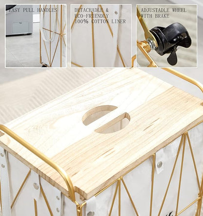 Mxfurhawa Iron Wire Laundry Hamper With Rolling Lockable Wheels, FoldinLaundry Storage Basket with Handles,Detachable Liner Collapsible Dirty Laundry Cart Sorter Clothes Basket Organizer (81-Gold)