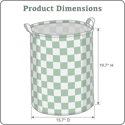 Sage Green Checkered Laundry Basket, Collapsible Aesthetic Cute Canvas Organizer Hamper Basket for Storage, Toy Bins, Bedroom Clothes, Children Nursery, Gift Basket