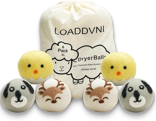 Wool Dryer Balls Organic XL 6 Balls per Pack by Loaddvni, Save Time,Money,Energy.(Puppy, Fawn, Rooster)