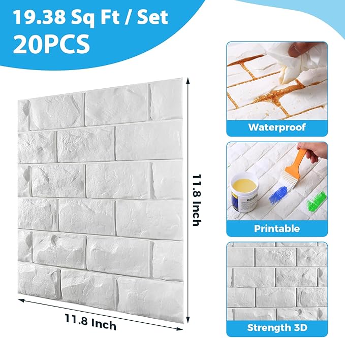 Circloophs 20 Pcs 3D Wall Panels Peel and Stick, White Brick 3D Wallpaper Stick and Peel Self Adhesive Waterproof Foam Faux Brick Paneling for Bedroom, Bathroom, Kitchen, Fireplace (19.38 sq ft)