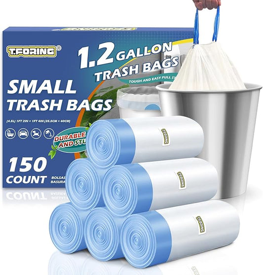 150 Count 1.2 Gallon Trash Bags Drawstring - Strong Mini Garbage Bags Unscented,4.5 Liter White Wastebasket Can Liners for Home Bathroom Office Car