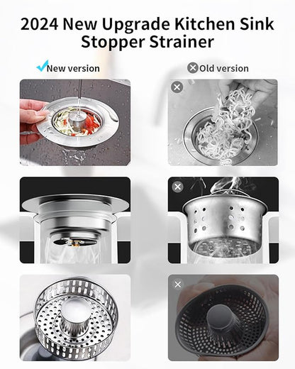 3 in 1 Kitchen Sink Drain Strainer [304 Stainless Steel Pop Up] Anti-Clogging Kitchen Sink Drain Stopper Stainless Steel Efficiently Drainage Odor Filter Sink Plug for Us Standard 3-1/2 Inch