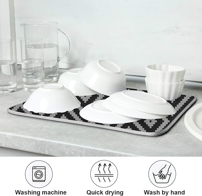 Super Absorbent Dish Drying Mat, Microfiber Fast-Drying Dish Mat, 24" x 18, Kitchen Dish Drying Pad, Black Moroccan Rhombus Plaid