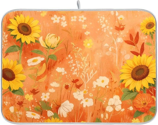 Fall Dish Drying Mat Microfiber Dish Drying Pads Kitchen Counter Draining Pad Sunflower Cornflower Poppy 16 x 18 Inches