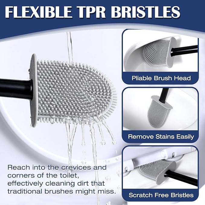 Toilet Brush and Holder Set, Wall Mounted Toilet Bowl Brush Head with Silicone Bristles, 2 Pack Black Compact Size for Storage and Organization Scrub Brush for RV Bathroom Accessories