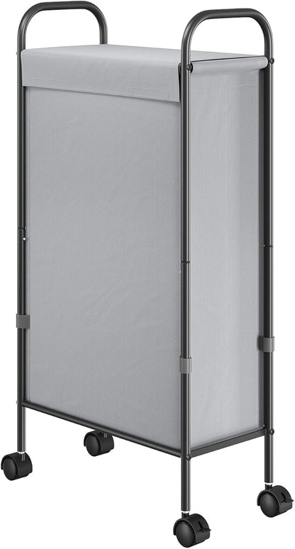 ELYKEN Slim Laundry Hamper with Lid, 50L Small Rolling Laundry Basket on Wheels, 7.9” Narrow Dirty Cloth Cart with Removable Inner Bag for Small Bathroom, Bedroom, Grey