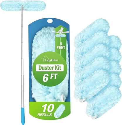 6 ft Extendable Dusters for Cleaning Compatible with Swiffer, Super Long Handle Dusting Wand Kit with 10 Refills, 360 Degree Heavy Duty Microfibers Dust Removing Tool for Ceiling Fan Wall