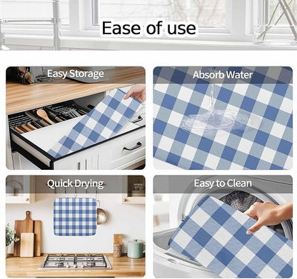 Dish Drying Mat Buffalo Plaid Blue Check Drying Mats for Kitchen Counter Farmhouse Style Absorbent Microfiber Dish Drainer Quick Drying Coffee Mat with Hanging Loop, 18 x24 inch