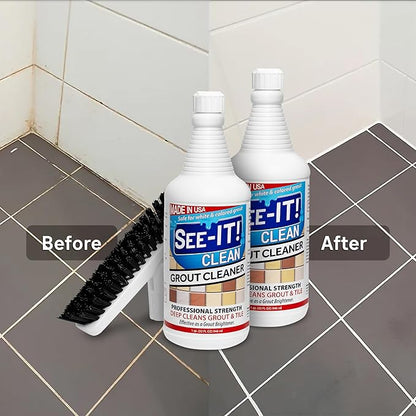 SEE-IT! Grout & Tile Deep Cleaner Brightener & Heavy-Duty Stain Remover Acid-Free Safe for Ceramic, Porcelain, Marble, Stone - Two 32 fl. oz. Bottles with Floor Cleaning Brush