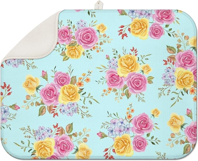 Dish Drying Mat Drainer Pads - Extra Large Microfiber Drying Mats for Dishes Kitchen Counter Super Absorbent Pads for Draining Racks (Floral,18"x24" )