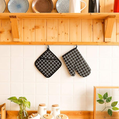 Oven Mitts and Potholders BBQ Gloves-Oven Mitts and Pot Holders with Recycled Infill Silicone Non-Slip Cooking Gloves for Cooking Baking Grilling (4-Piece Set,Black)