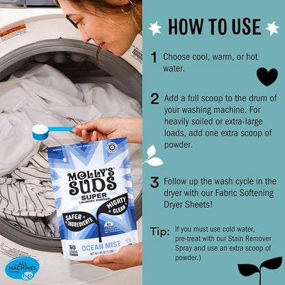 Molly's Suds Unscented Super Powder Detergent | Extra Strength Laundry Soap, Stain Fighting | Sensitive Skin | Simple, Effective Ingredients | 120 Loads Total (2 Pack)
