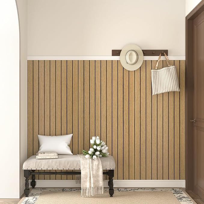Wallercity Brown Wood Slat Wall Panels Peel and Stick 3D Slat Panel for Wall Decor Faux Self-Adhesive Soundproof Wooden Wallpaper for Livning Room Bedroom Waterproof Plank for Bathroom 11.7''x118''