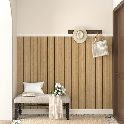 Wallercity Brown Wood Slat Wall Panels Peel and Stick 3D Slat Panel for Wall Decor Faux Self-Adhesive Soundproof Wooden Wallpaper for Livning Room Bedroom Waterproof Plank for Bathroom 11.7''x118''