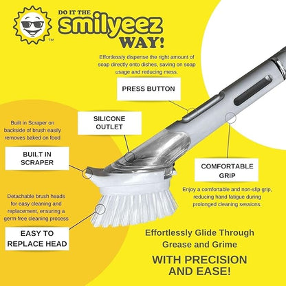 Smilyeez Soap Dispensing Dishwand (Grey) with Ergonomic Handle and 2 Interchangeable Brushes - Effortless Cleaning and Long-Lasting Durability - Kitchen and Dishwashing Essential