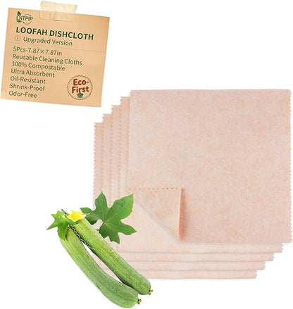 Premium Swedish Dishcloth 5 Pack - 100% Compostable Loofah & Plant Fiber Kitchen Cloth, Super Absorbent (25x Weight) Non-Stick Oil, Reusable Cleaning Cloths for Dishes, 7.87x7.87in