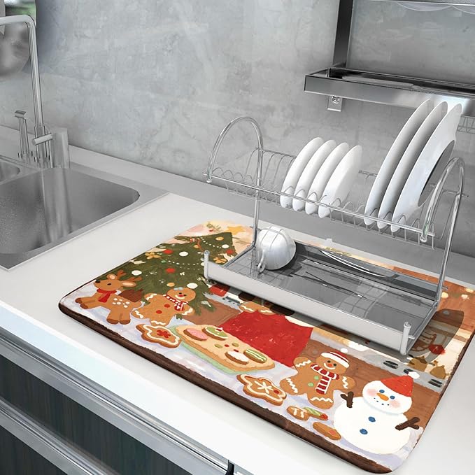 Christmas Dish Drying Mat for Kitchen Counter 18x24 Santa Claus Gingerbread Winter Xmas Holiday Themed Absorbent Reversible Microfiber Drying Mats Kitchen Countertop Protector Dishes Drainer Rack Pad