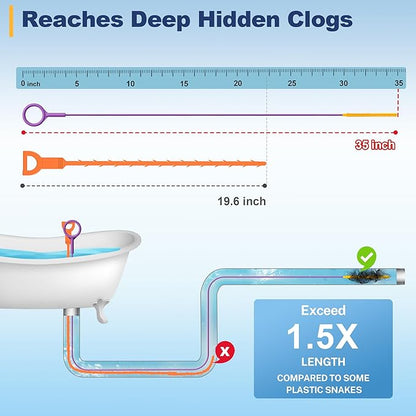 35-Inch Metal Drain Snake Hair Clog Remover, Reusable Sink Snake Drain Hair Remover Tool, Flexible Break-Resistant Plumbing Snake Drain Cleaner for Shower, Bathtub, and Kitchen Sink (5 Pack)