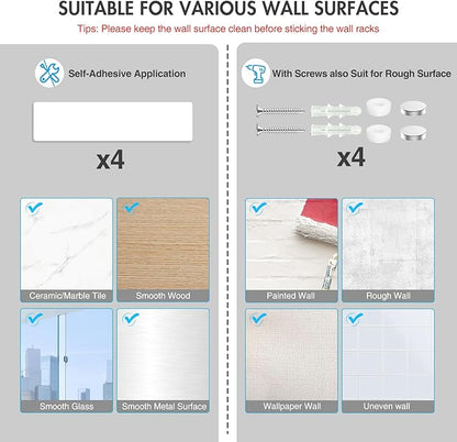 homeasy Wall Mount Mop and Broom Holder, Heavy Duty Stainless Steel Organizer Rack with Hooks | 4-Pack, 2-in-1 No Drill & Screw Installation, Silver