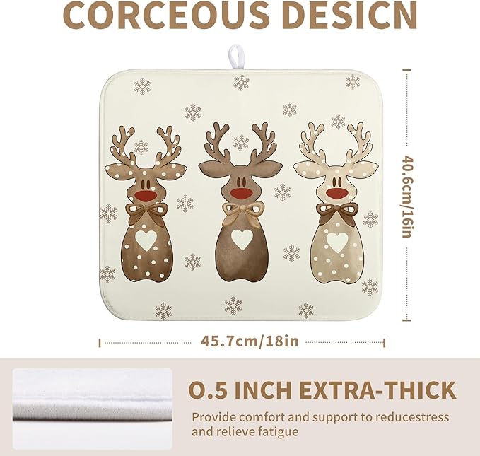 Christmas Reindeer Snowflakes Dish Drying Mat for Kitchen Counter 16x18 Inch Winter Xmas Holiday Drying Pads Microfiber Absorbent Dish Draining Mat Large Dish Drainer Rack Mat