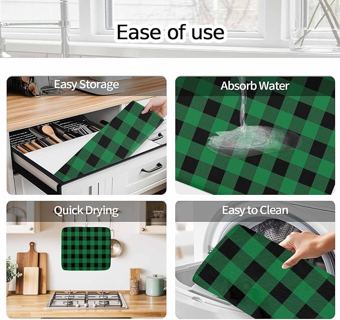 Dish Drying Mat Green Black Check Plaid Drying Mats for Kitchen Counter Farmhouse Style Absorbent Microfiber Dish Drainer Quick Drying Coffee Mat with Hanging Loop, 18 x24 inch