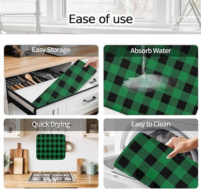 Dish Drying Mat Green Black Check Plaid Drying Mats for Kitchen Counter Farmhouse Style Absorbent Microfiber Dish Drainer Quick Drying Coffee Mat with Hanging Loop, 16 x18 inch