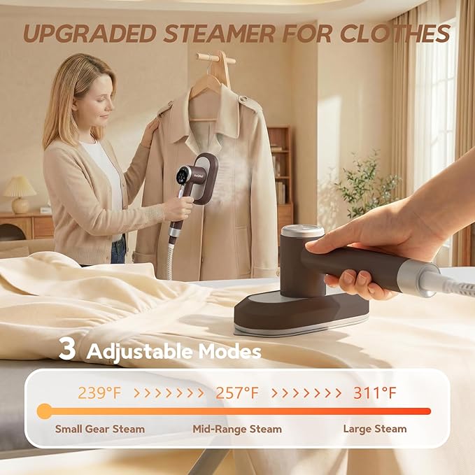 2 In 1 Steamer for Clothes: 1550W Powerful Steamer with 1100ml Detachable Tank, 30s Fast Heat-Up, Horizontal & Vertical Use, Portable Wrinkle Remover for Clothes Drapes Bedding (Brown)