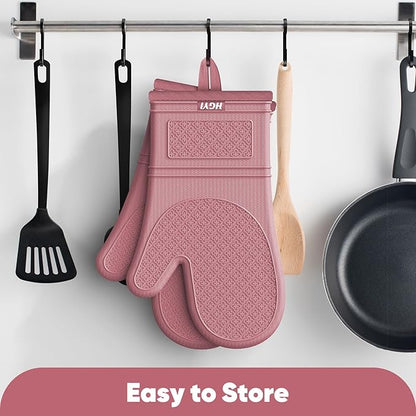 Silicone Oven Mitts, Heat Resistant Oven Gloves with Quilted Liner, Waterproof & Non-Slip Kitchen Mittens for Baking Cooking BBQ, 500°F, 12.5"-Rose Pink