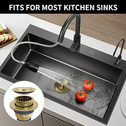 Sink Strainer Kitchen Sink Drain Assembly Kit 3-1/2 Inch with Kitchen Sink Drain Basket,304 Stainless Steel Sink Stopper & Cover Lid，Stainless Steel Gold Color