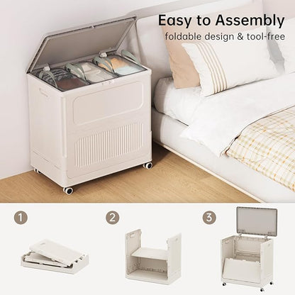HAIXIN HOME 130L Plastic Laundry Hamper with 3 Soft Bags, Foldable Rolling Clothes Laundry Basket with Lid for Bedroom, Bathroom, Dorm, Heavy Duty Clothes Organizer with Wheels for Bedding, Blankets