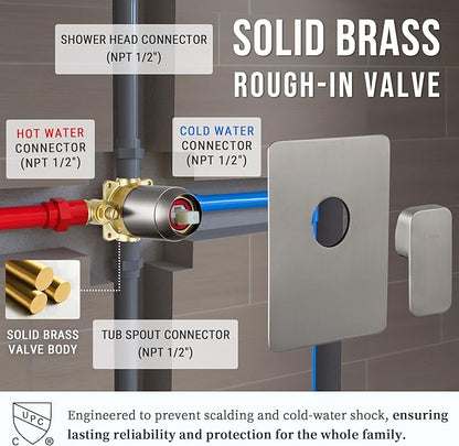 All Metal Shower Faucet Set, Dual Square Shower Head System with Handheld Wand, Diverter, Hose Complete Combo, Pressure Balance Rough-in Valve and Tub Spout Included (Brushed Nickel)