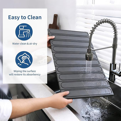Hopegiver Stone Drying Mat for Kitchen Counter, 24" x 16" Quick Dry Diatomaceous Earth Dish Drying Mat, Super Absorbent, Non-Slip & Foldable, Modern Gray Carve Countertop Mat (GrayCarve,24''x16'')