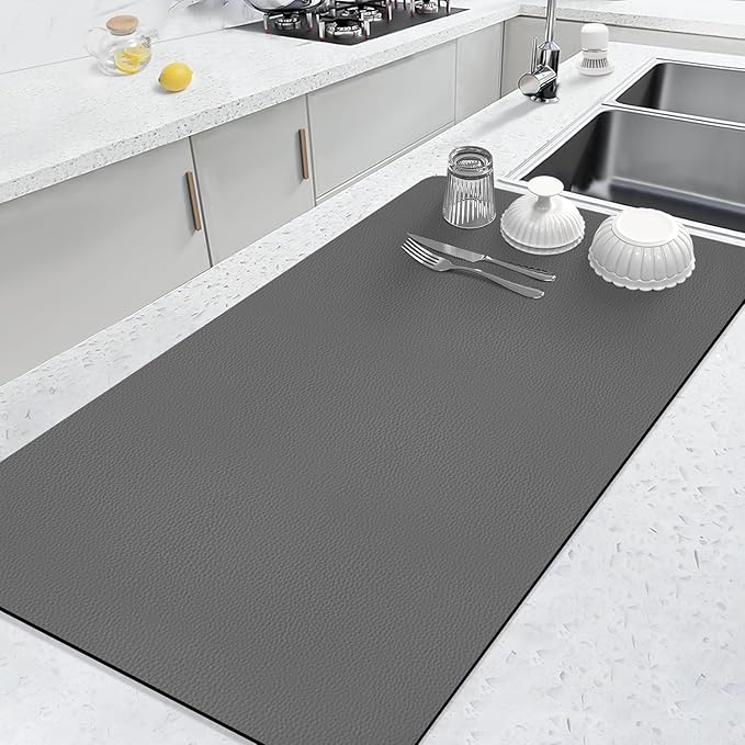LOPNUR Kitchen Dish Drying Mat, 31.5"x17" Extra Large Dish Drying Mats for Kitchen Counter, Diatomite Coffee Mat, Super Absorbent Dish Drying Pad, Heat Resistant Mat with Anti-slip Rubber Backed, Grey