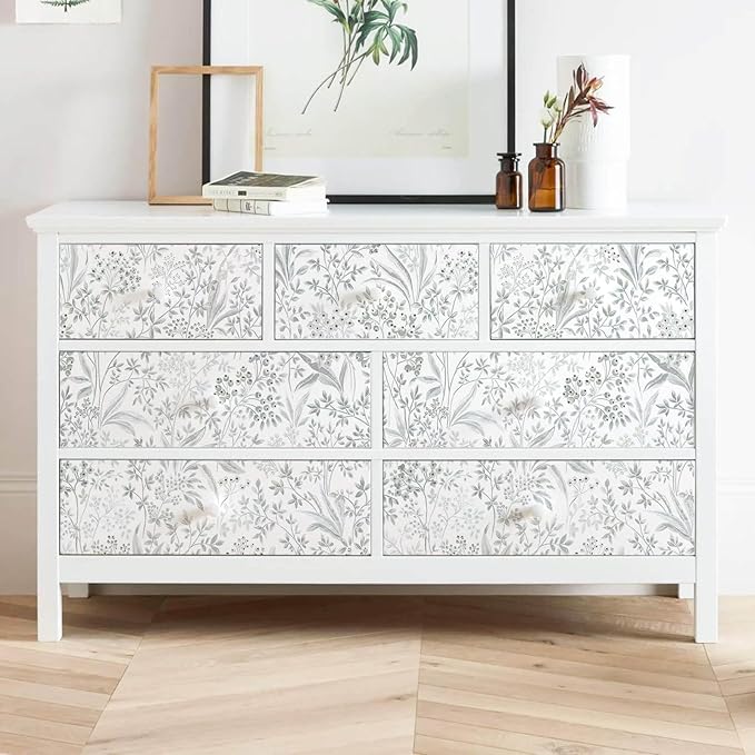 Heroad Boho Peel and Stick Wallpaper Floral Contact Paper for Cabinets Drawers Grey Wall Paper Waterproof Self Adhesive Leaf Wallpaper for Bedroom Bathroom Removable Decor Vinyl Roll 15.5''x78.7''
