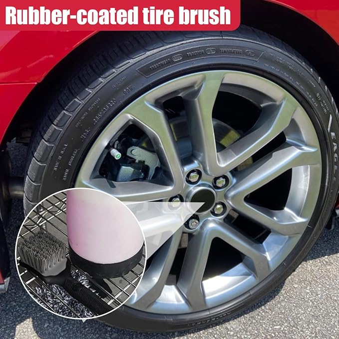 Tire & Wheel Brush for Car Rims - Short Handle Stiff Bristle Auto Detailing Scrub Brush | No Scratch Car Wash Brush Cleaning Tool for Tires, Wheels, Rims, Floor Mats, Carpet, Cars, Home(Gray)