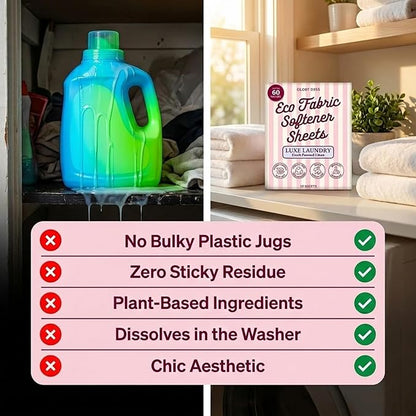 Glory Days Fabric Softener Sheets for Washer - Fresh Linen Scent, Replaces Liquid Softener, Plant-Based, Plastic-Free, Eco Friendly, 60 Loads