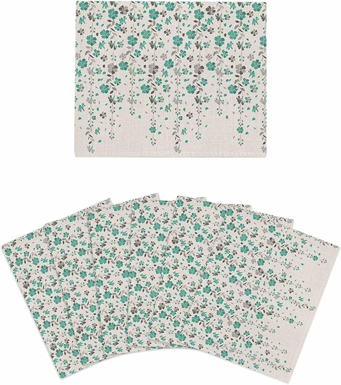 6 Pack Flower Teal Kitchen Dish Cloths, Grey Cherry Blossoms Cotton Linen Background Dishcloths for Kitchen, Reusable Paper Towels, Super Absorbent Quick Drying Washcloths Cleaning Wipes, 6x5 inch