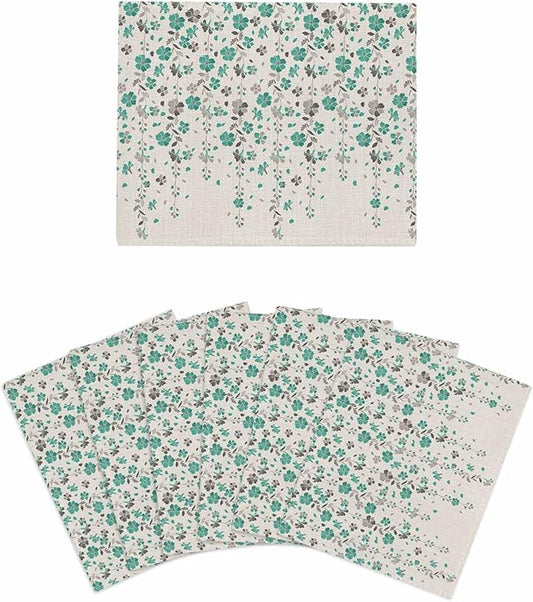 6 Pack Flower Teal Kitchen Dish Cloths, Grey Cherry Blossoms Cotton Linen Background Dishcloths for Kitchen, Reusable Paper Towels, Super Absorbent Quick Drying Washcloths Cleaning Wipes, 6x5 inch