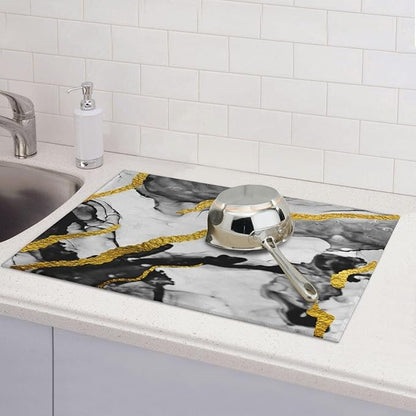 Black White Gold Marble Dish Drying Mats for Kitchen Counter, Absorbent Microfiber Drying Pad for Countertop & Sink, 18" x 24" Foldable Modern Kitchen Dish Draining Mat for Dining Area, Home Decor