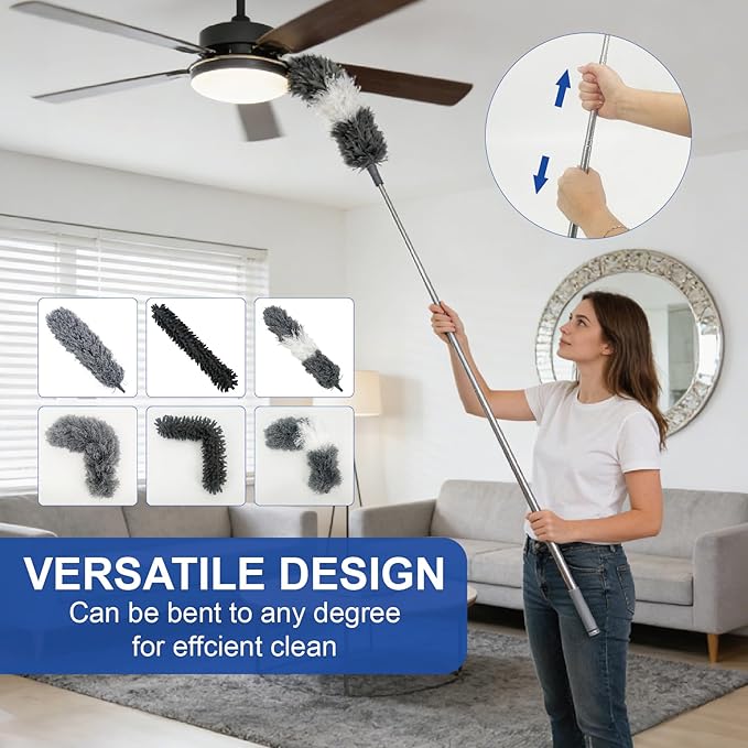 13PCS Feather Duster Kit, Microfiber Duster with Extension Pole 100 Inches, Washable & Reusable Duster for Cleaning Fans, Baseboards, Car, Walls and Floors