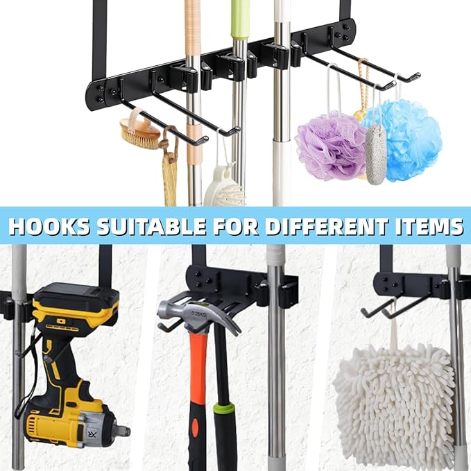 Broom Holder Door Mount,Door Mounted Broom and Mop Holder with Dual Tool Hooks, Three Slots, and One Tool Storage Basket For Laundry Room, Garage, Closet, warehouse, Kitchen Decor (black)