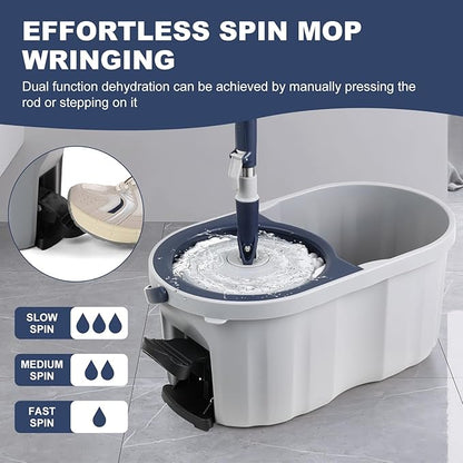 Spin Mop and Bucket System with180-Degree Rotating Head Telescopic Handle Dual Chamber Bucket Floor Cleaning Set with 3 Mop Refills Dual-Function Wringing Hand-Press and Foot-Pedal