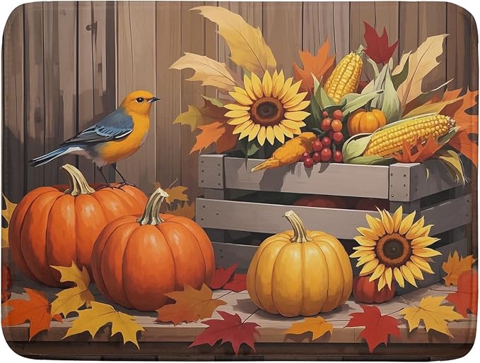 Fall Thanksgiving Dish Drying Mat for Kitchen Counter 18x24 Pumpkin Sunflower Bird Autumn Harvest Theme Absorbent Reversible Microfiber Drying Mats Kitchen Countertop Protector Dishes Drainer Pad